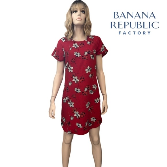 Banana Republic Shift Dress Red Hibiscus Print Fluted Sleeve Rounded Hemline - Picture 12 of 14